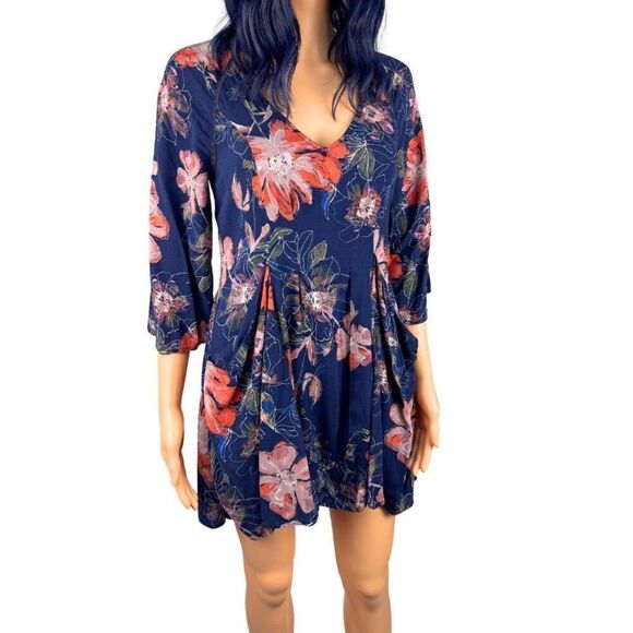 Free People Eyes On You Dress 2 Navy Floral Trapeze Swing Mini Pockets Tunic - Picture 4 of 6